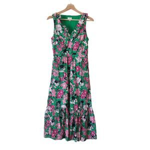 J.Crew Women's Ruffle Floral Pink Green Midi Dress Size 2 Spring Summer Vacation